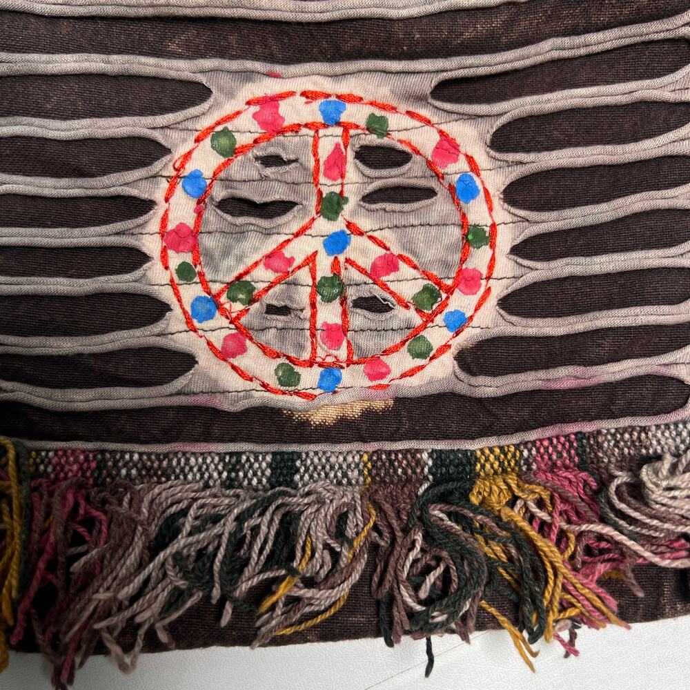 Boho Peace Sign Sling Crossbody Bag Purse Zip Top Lined Fringe Festival - Picture 5 of 11